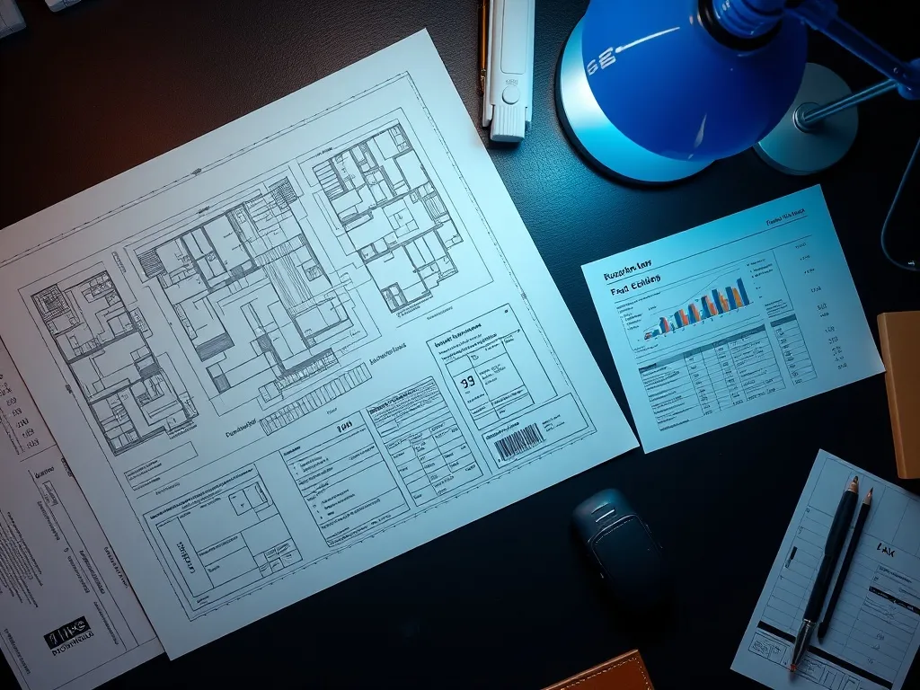 A professional overhead shot of architectural blueprints and
