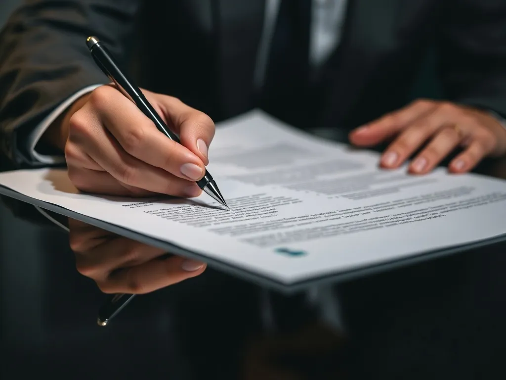 Close up of a person signing official legal documents with a